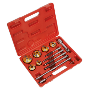 The Sealey Valve Seat Cutter Set 14pc - VS1825 features a durable red plastic case that includes a set of drill bits, a valve seat cutter with tungsten carbide cutting blades, and various other tools, all organized neatly in molded slots.