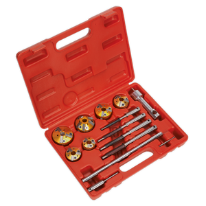 The Sealey Valve Seat Cutter Set 14pc - VS1825 features a durable red plastic case that includes a set of drill bits, a valve seat cutter with tungsten carbide cutting blades, and various other tools, all organized neatly in molded slots.