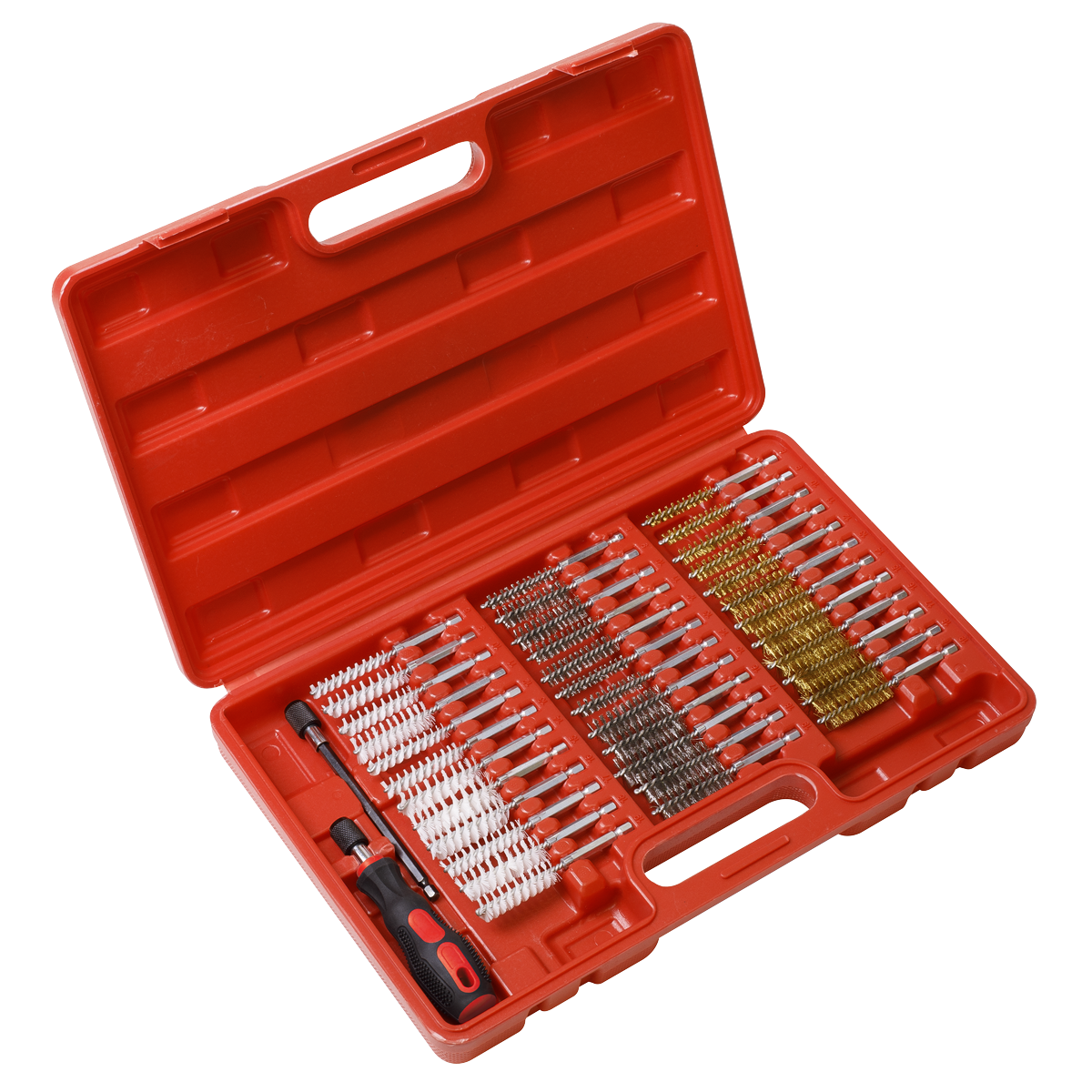 Uncover the Sealey 38pc Cleaning Brush Set Injector Bore - VS1910, housed in a vibrant red plastic case. This set includes an ergonomic soft grip handle tool and 38 intricately organized cleaning brushes, perfect for effective cleaning and decarbonizing tasks.