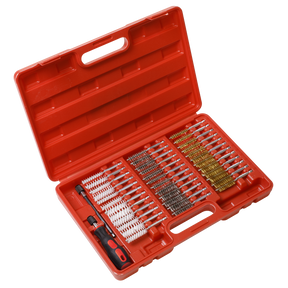 Uncover the Sealey 38pc Cleaning Brush Set Injector Bore - VS1910, housed in a vibrant red plastic case. This set includes an ergonomic soft grip handle tool and 38 intricately organized cleaning brushes, perfect for effective cleaning and decarbonizing tasks.
