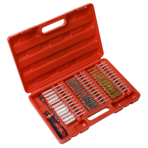 Uncover the Sealey 38pc Cleaning Brush Set Injector Bore - VS1910, housed in a vibrant red plastic case. This set includes an ergonomic soft grip handle tool and 38 intricately organized cleaning brushes, perfect for effective cleaning and decarbonizing tasks.