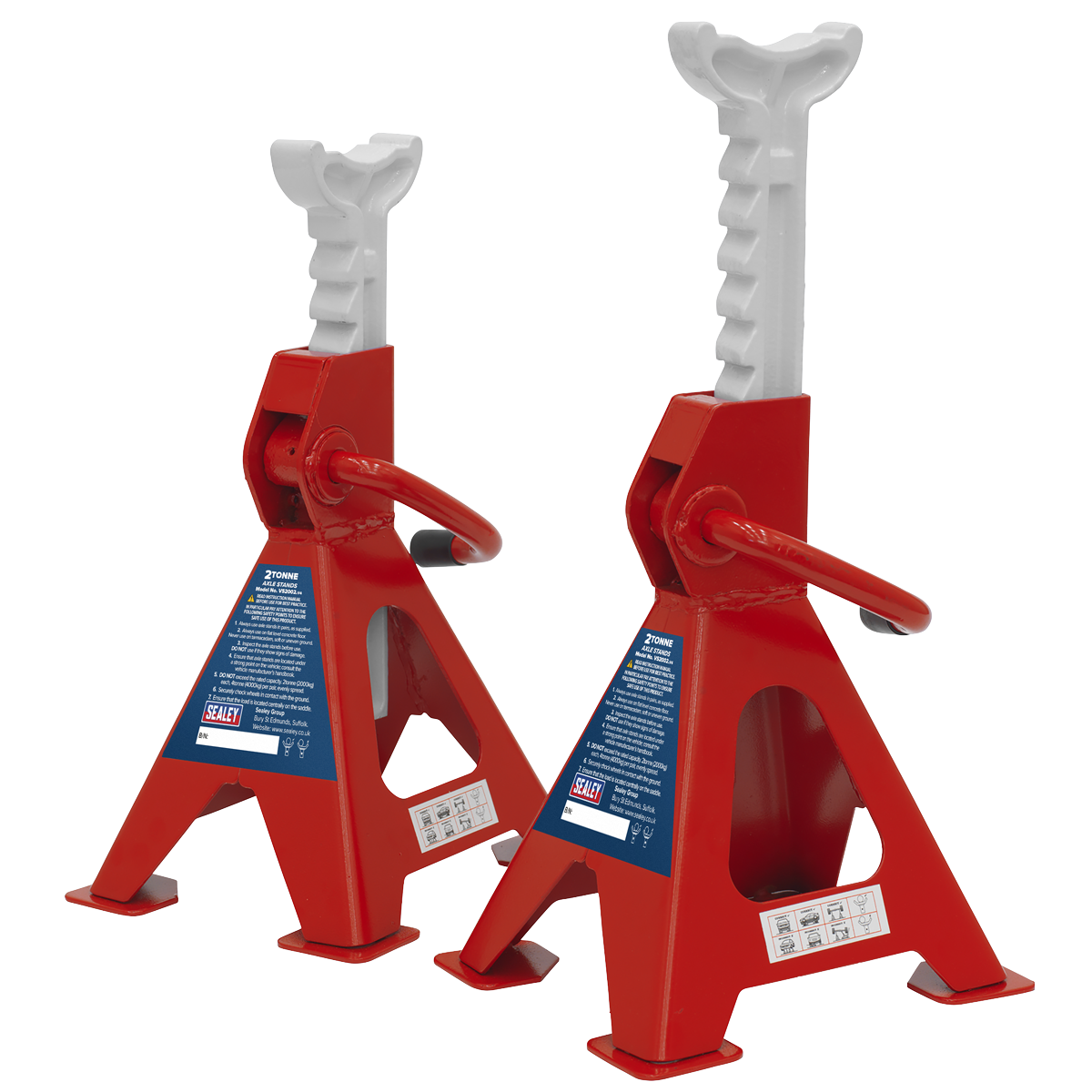 Two Sealey Axle Stands (VS2002) with adjustable white tops and safety release handles, featuring a durable cast iron support post and a steel plate welded base, ideal for lifting and supporting vehicles, each with a 2 tonne capacity.