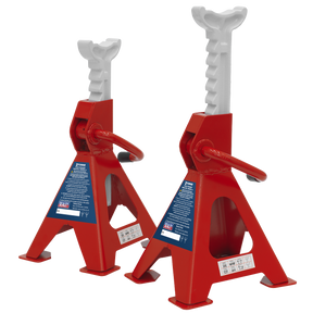 Two Sealey Axle Stands (VS2002) with adjustable white tops and safety release handles, featuring a durable cast iron support post and a steel plate welded base, ideal for lifting and supporting vehicles, each with a 2 tonne capacity.