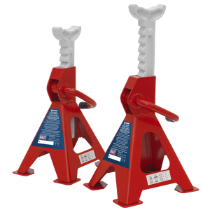 Two Sealey Axle Stands (VS2002) with adjustable white tops and safety release handles, featuring a durable cast iron support post and a steel plate welded base, ideal for lifting and supporting vehicles, each with a 2 tonne capacity.