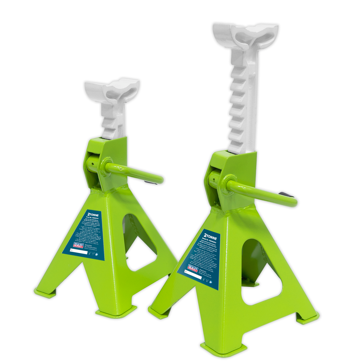 The Sealey Axle Stands (Pair) with a 2-tonne capacity per stand, model VS2002HV, come in hi-vis green and feature ratchet-type adjustment pins and a robust steel-plate welded base, ideal for supporting vehicles during maintenance.