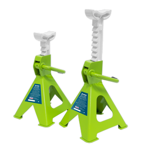 The Sealey Axle Stands (Pair) with a 2-tonne capacity per stand, model VS2002HV, come in hi-vis green and feature ratchet-type adjustment pins and a robust steel-plate welded base, ideal for supporting vehicles during maintenance.