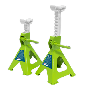 The Sealey Axle Stands (Pair) with a 2-tonne capacity per stand, model VS2002HV, come in hi-vis green and feature ratchet-type adjustment pins and a robust steel-plate welded base, ideal for supporting vehicles during maintenance.