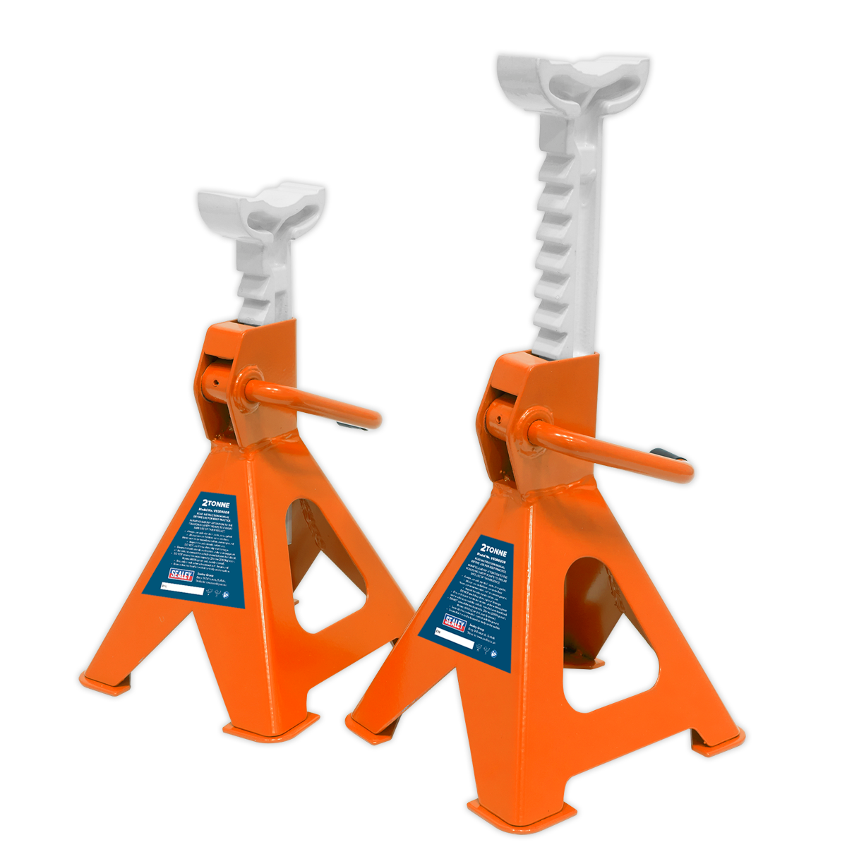 The Sealey Axle Stands (Pair) with a 2-tonne capacity per stand, model VS2002OR, are orange and white metal jack stands designed for vehicle lifting and support. They feature a ratchet-type axle stand for easy height adjustment and labeled safety instructions on their cast iron support posts.