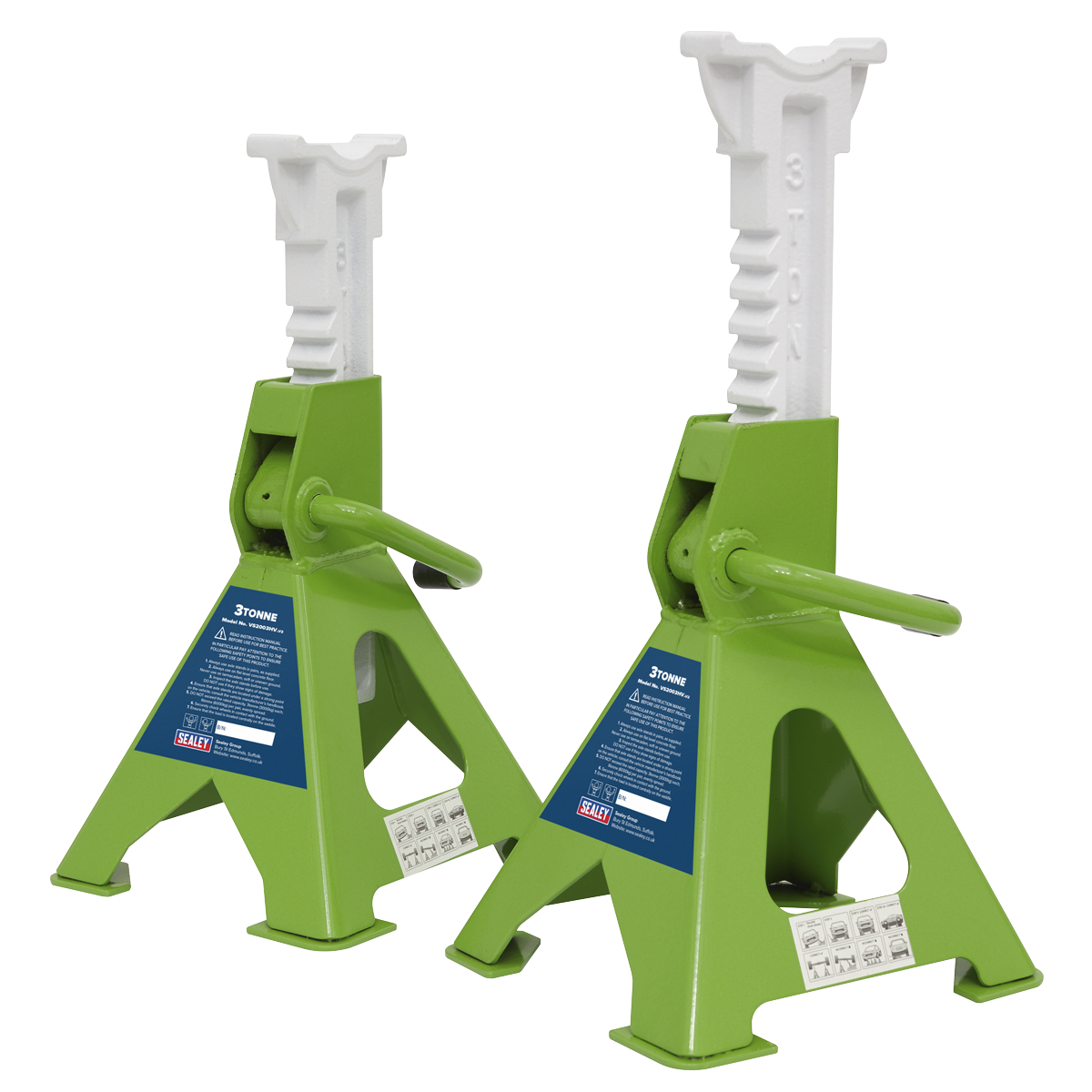 Axle Stands (Pair) 3 Tonne Capacity per Stand Ratchet Type - Hi-Vis Green - VS2003HV - Farming Parts