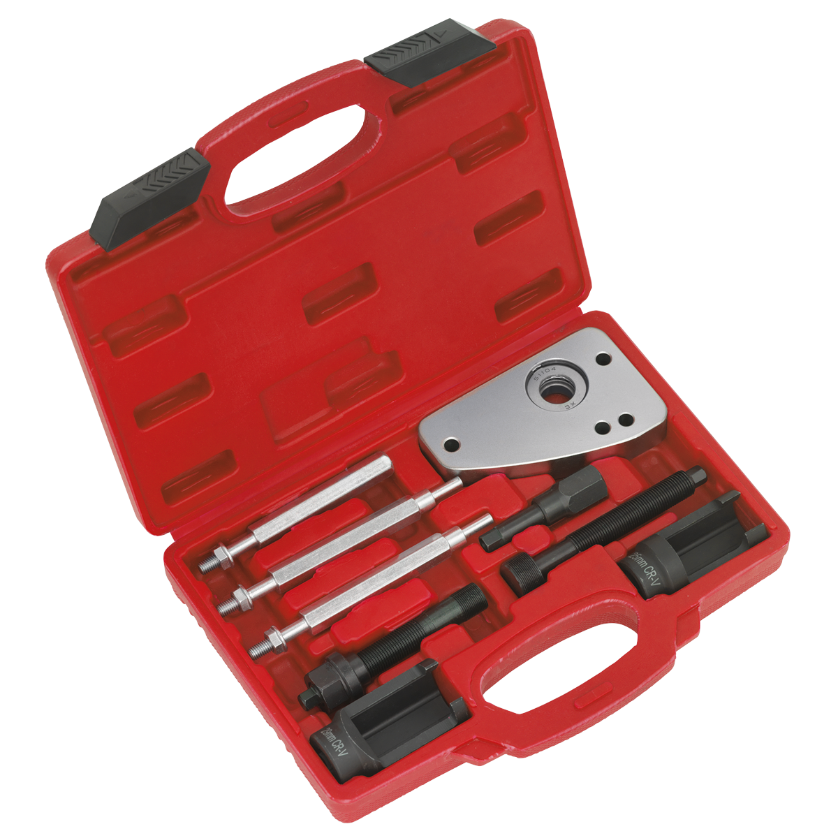 The Sealey Citroen, Peugeot Diesel Injector Puller (VS2005) is a red plastic carrying case that contains various automotive puller tools, including bolts, adapters, and other attachment components designed for the removal of fuel injectors from Citroen and Peugeot vehicles.