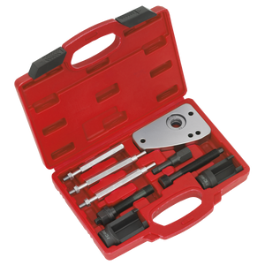 The Sealey Citroen, Peugeot Diesel Injector Puller (VS2005) is a red plastic carrying case that contains various automotive puller tools, including bolts, adapters, and other attachment components designed for the removal of fuel injectors from Citroen and Peugeot vehicles.