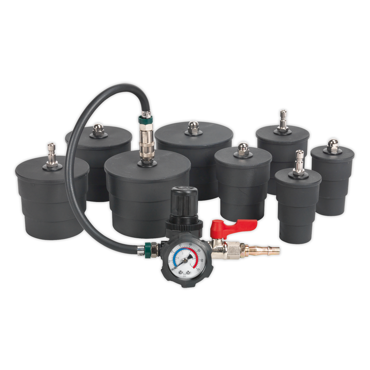 The Turbo System Leakage Tester - VS2030 by Sealey includes a set of black cylindrical test plugs in various sizes, an attached pressure gauge, an air hose, and stepped adaptors to ensure a perfect fit.