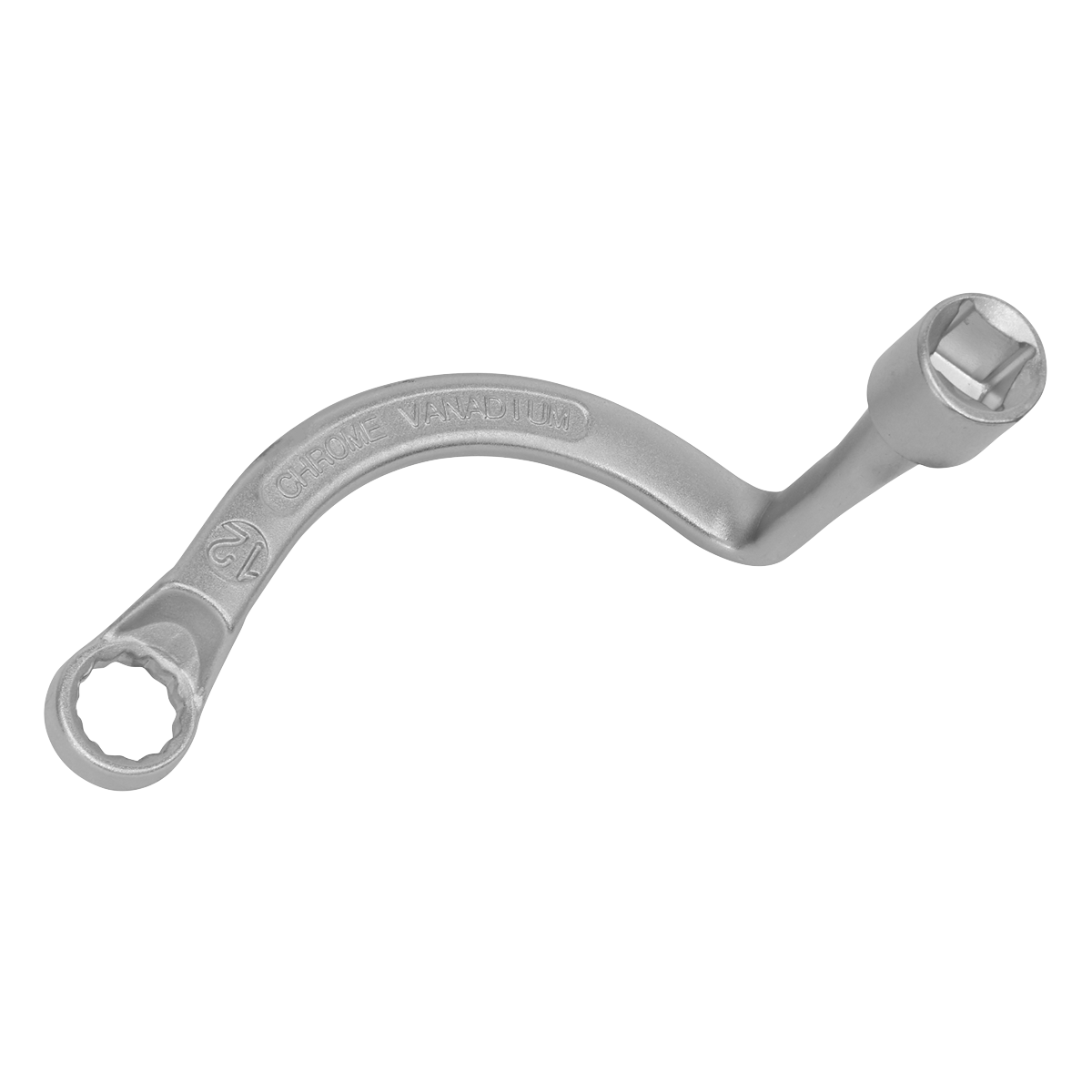 The Sealey Turbocharger Wrench 12mm 3/8"Sq Drive (VS2033) is a double-ended offset box wrench with one 12-point and one square socket. It features a curved design and is made from Chrome Vanadium steel, making it ideal for turbocharger fitting on VAG diesel vehicles.