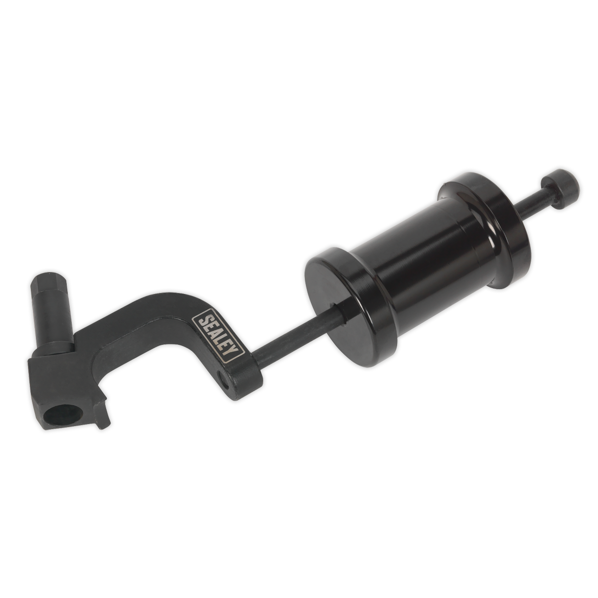 A black, clamp-like tool with a cylindrical component, featuring the word "Sealey" engraved on the metal, specifically designed for efficient diesel injector removal; introducing the Diesel Injector Lifter - VS2040.