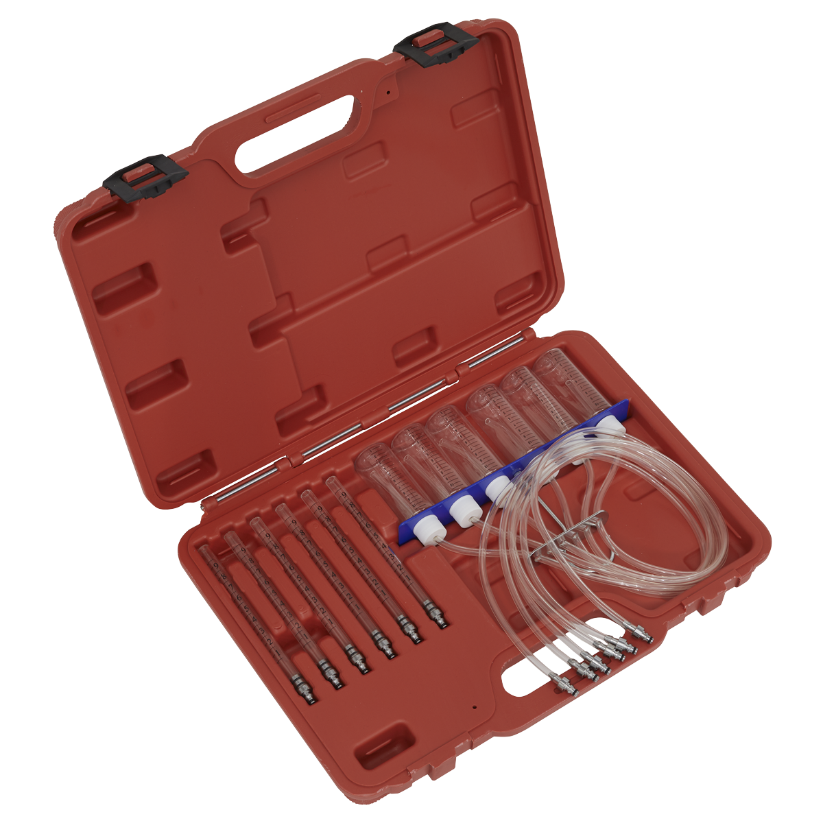 A Diesel Injector Flow Test Kit - Common Rail - VS2046 by Sealey, featuring a red plastic case with medical equipment such as three syringes, tubing, and other accessories for diesel vehicles.