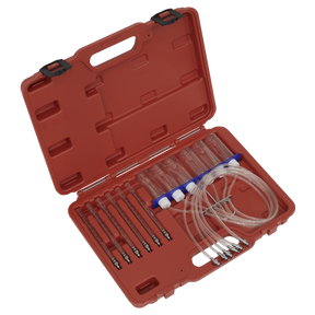 A Diesel Injector Flow Test Kit - Common Rail - VS2046 by Sealey, featuring a red plastic case with medical equipment such as three syringes, tubing, and other accessories for diesel vehicles.