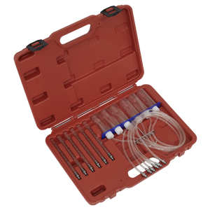 A Diesel Injector Flow Test Kit - Common Rail - VS2046 by Sealey, featuring a red plastic case with medical equipment such as three syringes, tubing, and other accessories for diesel vehicles.