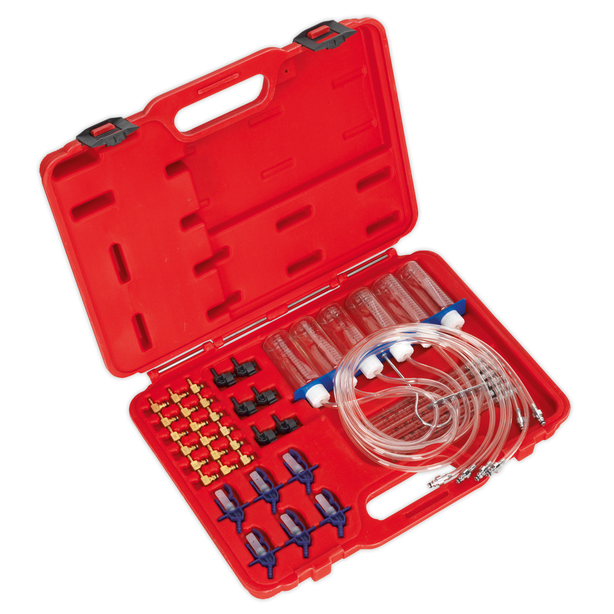 A red plastic case containing various medical or laboratory tubing and connectors, organized in designated slots, reminiscent of the precision found in the Sealey Diesel Injection Leak Back Master Kit - Bosch/Delphi/Denso (VS2048).