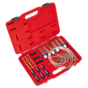 A red plastic case containing various medical or laboratory tubing and connectors, organized in designated slots, reminiscent of the precision found in the Sealey Diesel Injection Leak Back Master Kit - Bosch/Delphi/Denso (VS2048).