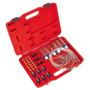 A red plastic case containing various medical or laboratory tubing and connectors, organized in designated slots, reminiscent of the precision found in the Sealey Diesel Injection Leak Back Master Kit - Bosch/Delphi/Denso (VS2048).