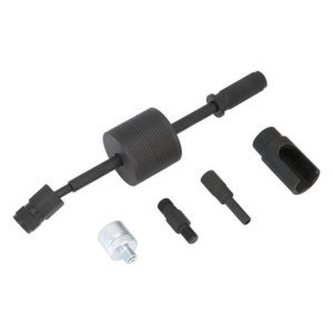 The Sealey Bosch/Delphi Diesel Injector Puller Set (VS2049) is a black tool equipped with multiple adapters and accessories, which also functions seamlessly as an injector removal tool for Bosch/Delphi injectors.