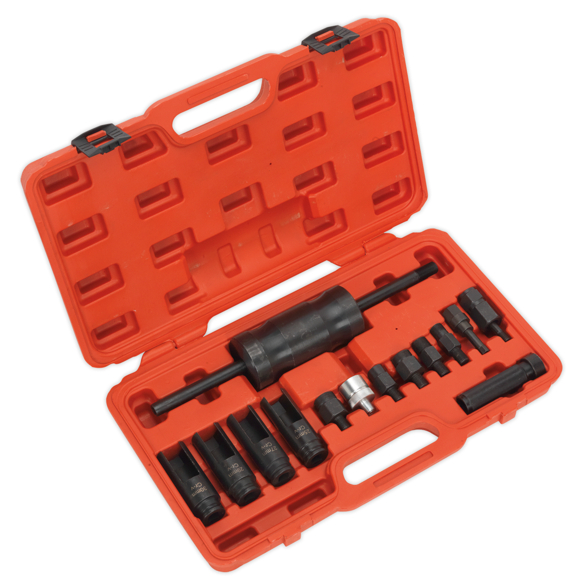 A red plastic case containing the Sealey Diesel Injector Puller Set 14pc - VS2059, which includes various sockets, a slide hammer, and an injector removal set for diesel injectors, is shown open with all tools neatly organized in designated compartments.