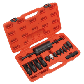 A red plastic case containing the Sealey Diesel Injector Puller Set 14pc - VS2059, which includes various sockets, a slide hammer, and an injector removal set for diesel injectors, is shown open with all tools neatly organized in designated compartments.