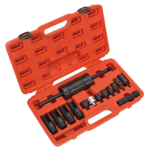 A red plastic case containing the Sealey Diesel Injector Puller Set 14pc - VS2059, which includes various sockets, a slide hammer, and an injector removal set for diesel injectors, is shown open with all tools neatly organized in designated compartments.