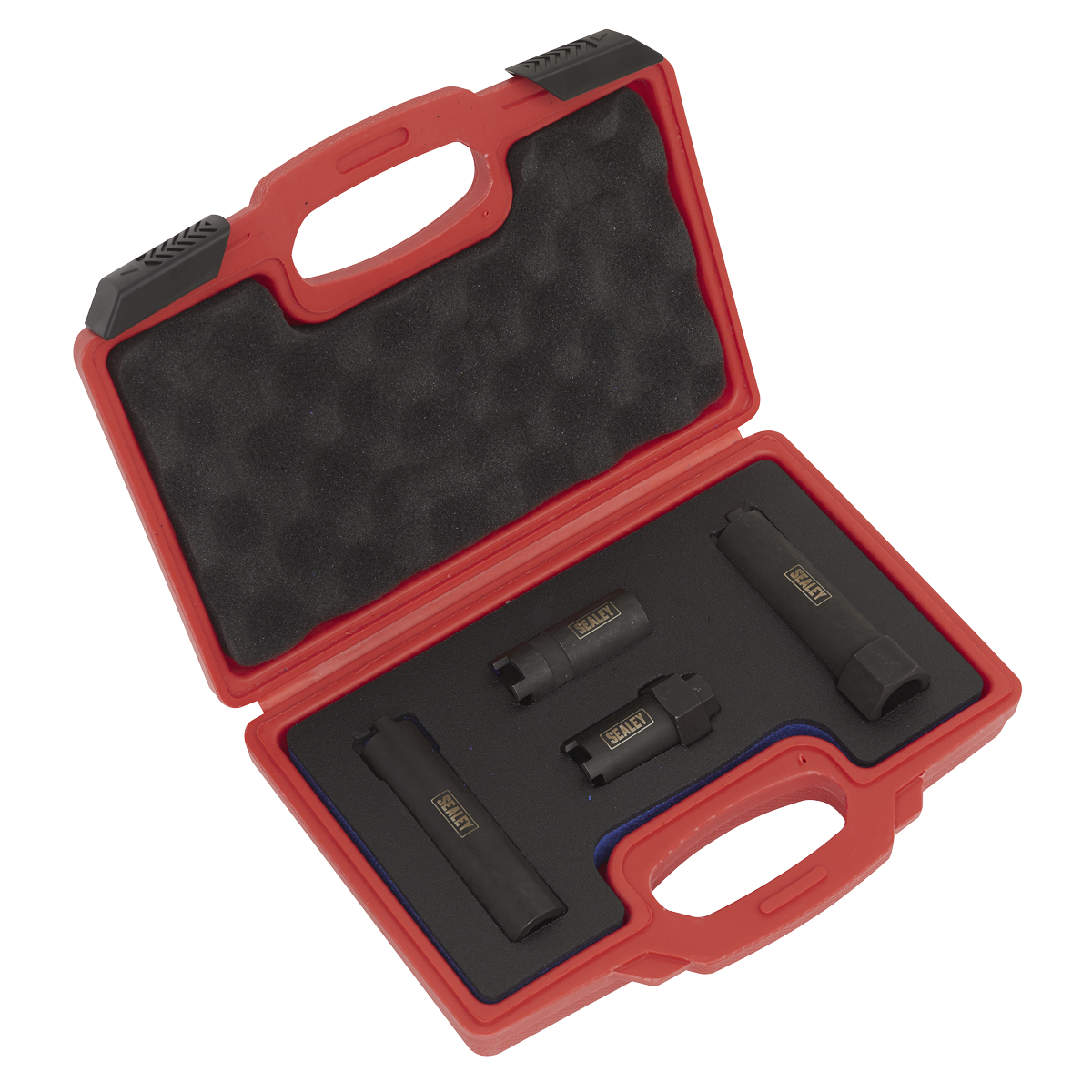 The Sealey Diesel Injector Socket Set 4pc - Commercial (VS2061) comes in a red portable case with black foam padding, featuring dedicated slots for its four tools with yellow labels, including a specialized castellated socket for truck diesel injectors.