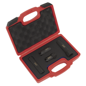 The Sealey Diesel Injector Socket Set 4pc - Commercial (VS2061) comes in a red portable case with black foam padding, featuring dedicated slots for its four tools with yellow labels, including a specialized castellated socket for truck diesel injectors.
