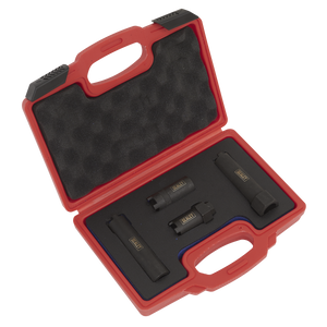 The Sealey Diesel Injector Socket Set 4pc - Commercial (VS2061) comes in a red portable case with black foam padding, featuring dedicated slots for its four tools with yellow labels, including a specialized castellated socket for truck diesel injectors.