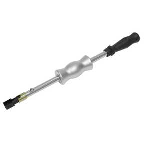 The Sealey Petrol Injector Puller - Ford EcoBoost - VS2067 is a metal slide hammer puller tool with a black handle and silver shaft, featuring an attachment at the end specifically designed for pulling or extracting objects, particularly suitable for working with Ford GDi petrol injectors.