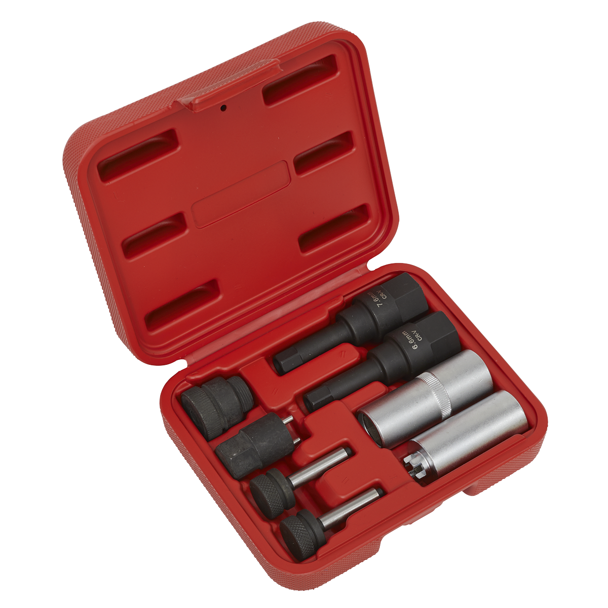 The Sealey Diesel Injector Repair Socket Set 8pc - VS2068 features a red plastic case that contains six black and silver socket wrench attachments, ideal for tasks like injector valve seat removal. The case is open, displaying the tools neatly arranged in designated slots.