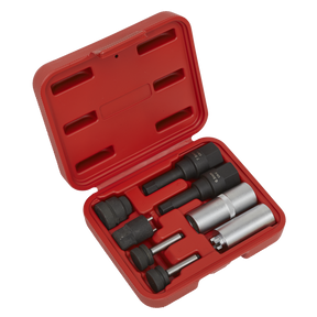 The Sealey Diesel Injector Repair Socket Set 8pc - VS2068 features a red plastic case that contains six black and silver socket wrench attachments, ideal for tasks like injector valve seat removal. The case is open, displaying the tools neatly arranged in designated slots.