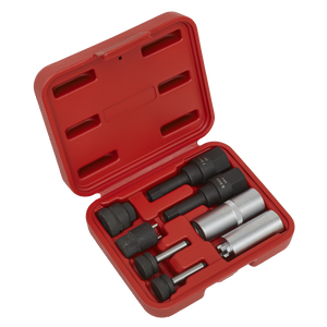 The Sealey Diesel Injector Repair Socket Set 8pc - VS2068 features a red plastic case that contains six black and silver socket wrench attachments, ideal for tasks like injector valve seat removal. The case is open, displaying the tools neatly arranged in designated slots.