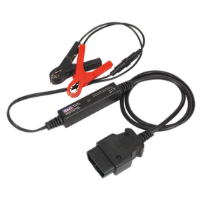 Image of a Sealey Diagnostic Socket Memory Safe - EOBD - VS2072 with attached clamps and OBD-II connector, ideal for providing back-up battery power.