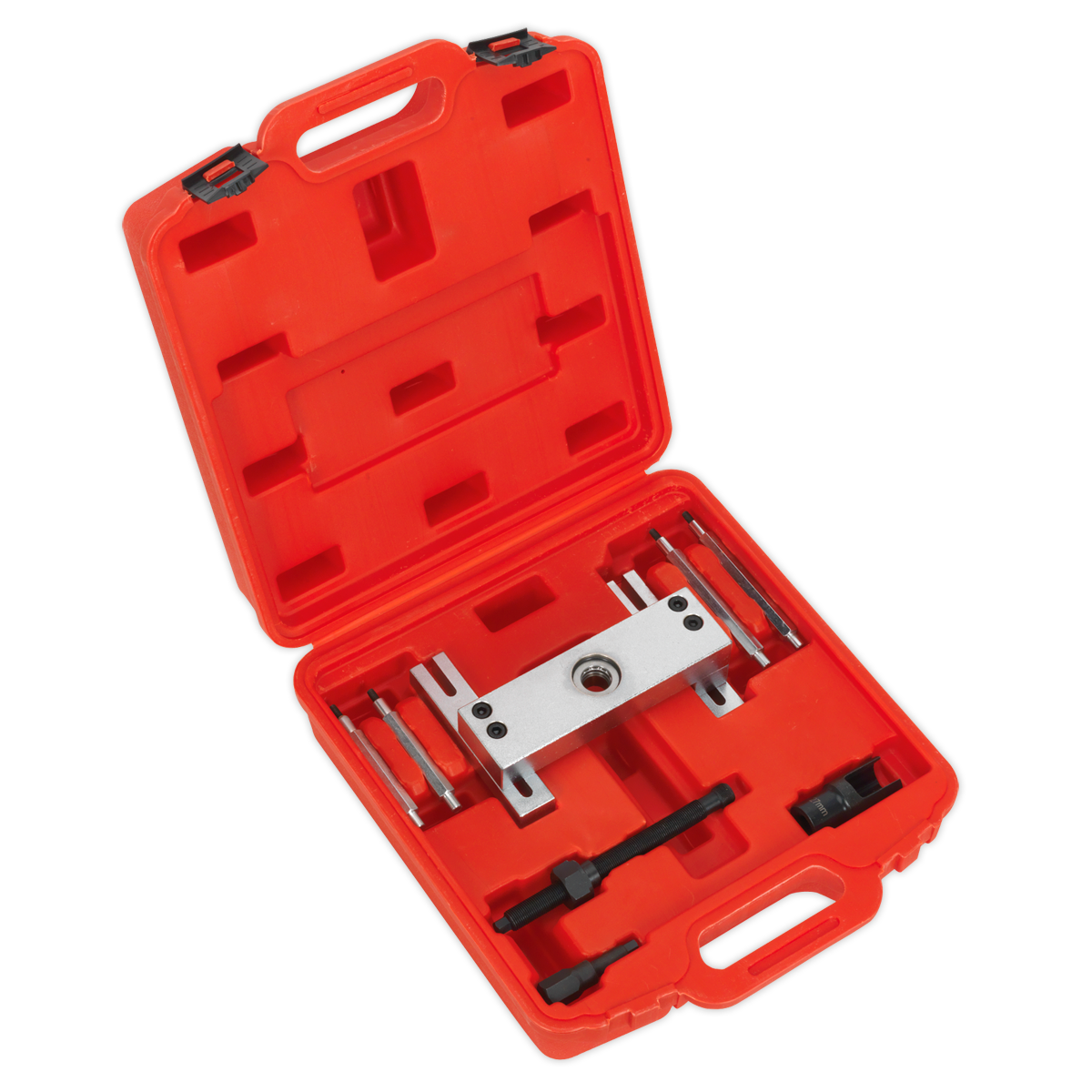 The Sealey Diesel Injector Puller VS2075 for BMW M47/M57 engines comes in a red plastic carrying case with compartments, containing a metal puller tool and several smaller tool components, specifically designed for removing diesel fuel injectors.