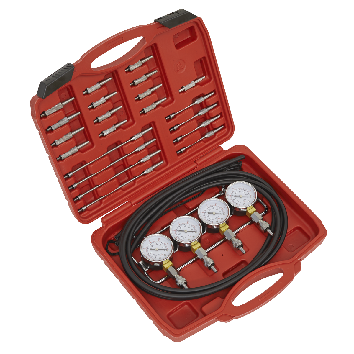 Red plastic case containing a set of Sealey Carburettor Synchronizer (Vacuum, Mini-Type) - VS209 with fuel injection pressure gauges, hoses, and carburettor adaptors.