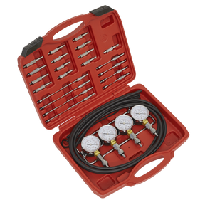 Red plastic case containing a set of Sealey Carburettor Synchronizer (Vacuum, Mini-Type) - VS209 with fuel injection pressure gauges, hoses, and carburettor adaptors.