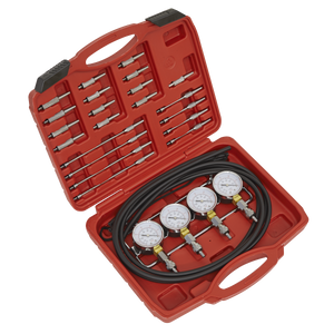 Red plastic case containing a set of Sealey Carburettor Synchronizer (Vacuum, Mini-Type) - VS209 with fuel injection pressure gauges, hoses, and carburettor adaptors.