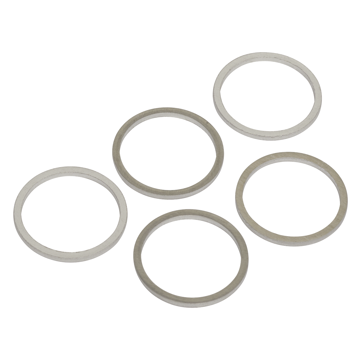 A refill pack of five thin metal washers, arranged in a loose circular pattern, from the Sealey Sump Plug Washer M20 - Pack of 5 (VS20SPW).