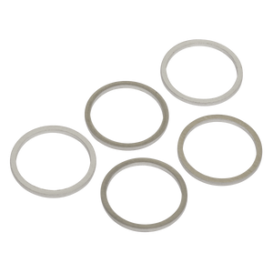 A refill pack of five thin metal washers, arranged in a loose circular pattern, from the Sealey Sump Plug Washer M20 - Pack of 5 (VS20SPW).