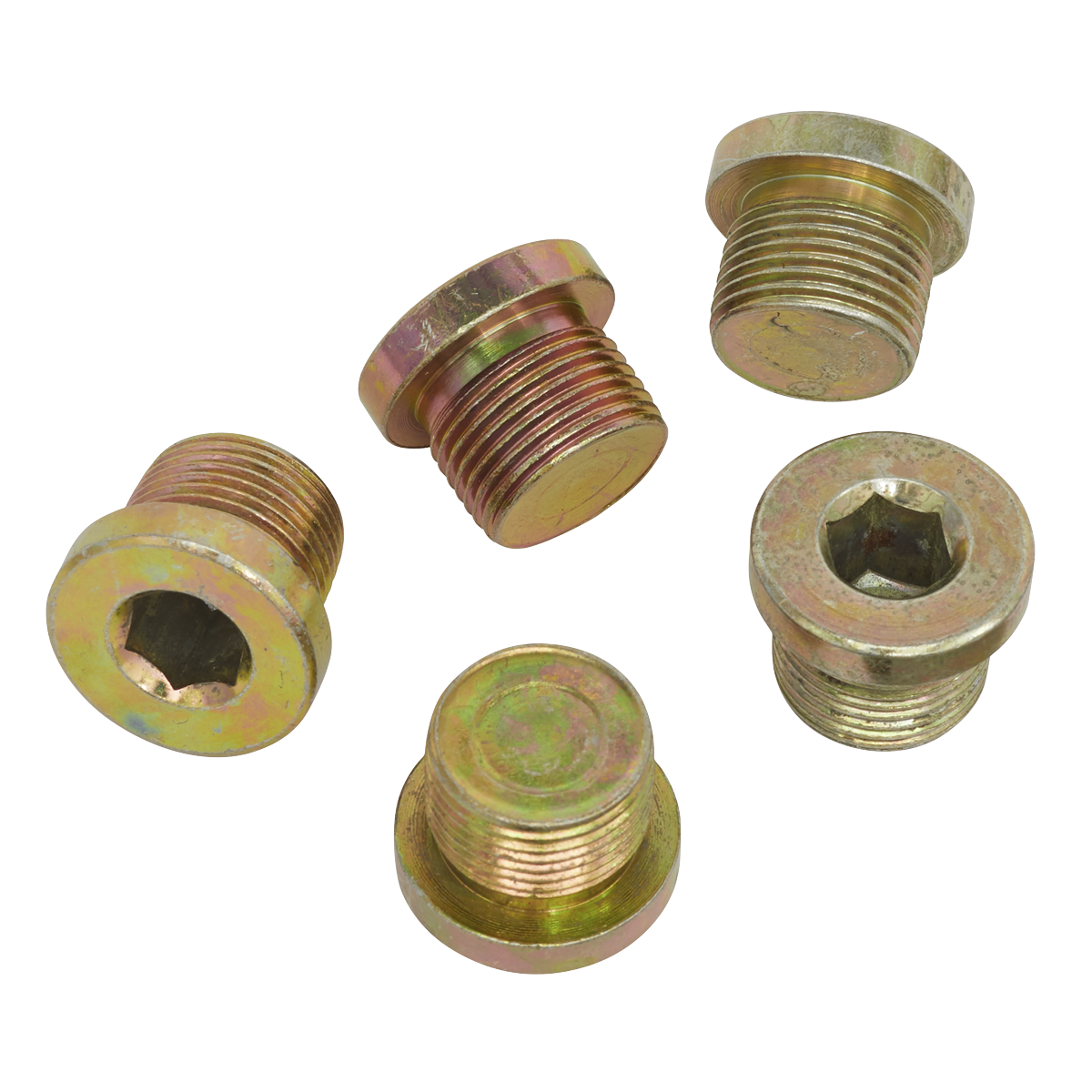 Five metallic threaded plugs with hexagonal sockets, resembling Sealey's Sump Plug M20 (VS20SP), are arranged randomly on a white background.