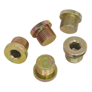 Five metallic threaded plugs with hexagonal sockets, resembling Sealey's Sump Plug M20 (VS20SP), are arranged randomly on a white background.