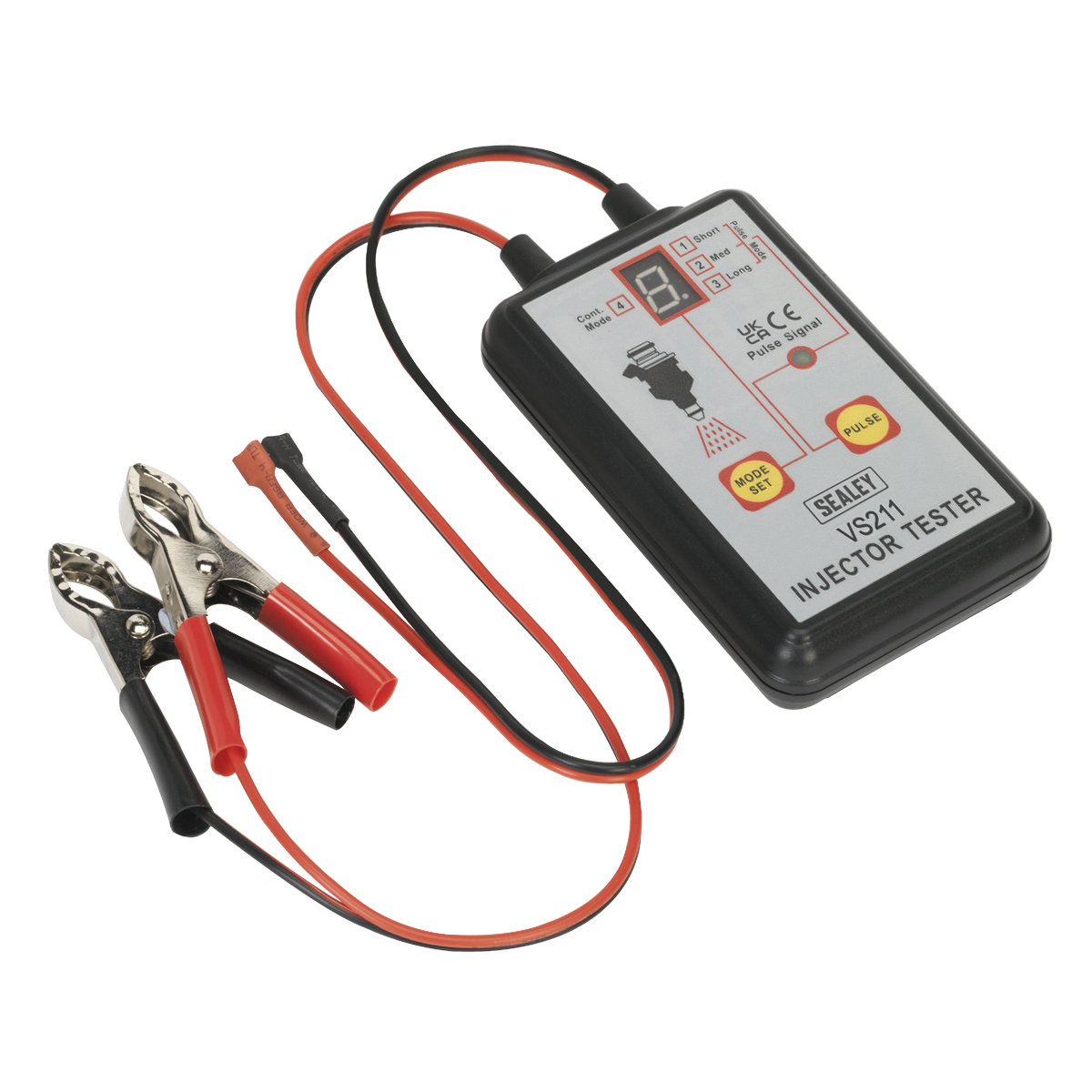 Photograph of the Sealey Fuel Injector Tester 12V - Petrol - VS211, featuring a digital display, two red and black testing clips, and an attached flexible wire—perfect for diagnosing fuel system faults in electronic fuel injection systems.