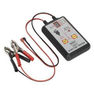 Photograph of the Sealey Fuel Injector Tester 12V - Petrol - VS211, featuring a digital display, two red and black testing clips, and an attached flexible wire—perfect for diagnosing fuel system faults in electronic fuel injection systems.