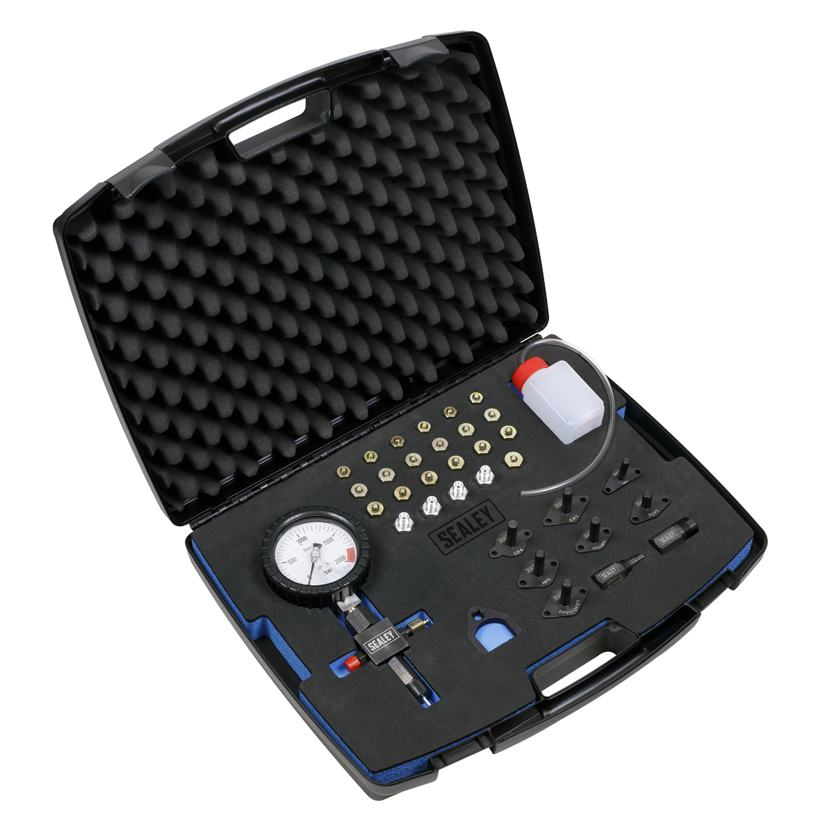 The Sealey Diesel High Pressure Pump Test Kit - VS216 is a black plastic case containing a gauge, various adapters, a hose, and small containers—each securely placed within a foam insert. It is ideal for performing injector leakage tests on diesel common rail systems.