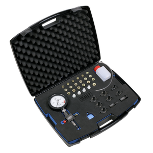 The Sealey Diesel High Pressure Pump Test Kit - VS216 is a black plastic case containing a gauge, various adapters, a hose, and small containers—each securely placed within a foam insert. It is ideal for performing injector leakage tests on diesel common rail systems.