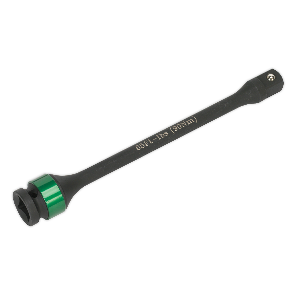 Sealey Torque Stick 1/2"Sq Drive 90Nm (VS2243) with a black and green finish, socket head, constructed from durable Chrome Molybdenum steel, featuring a "65 FT-LBS (90 N.m)" label on the handle.