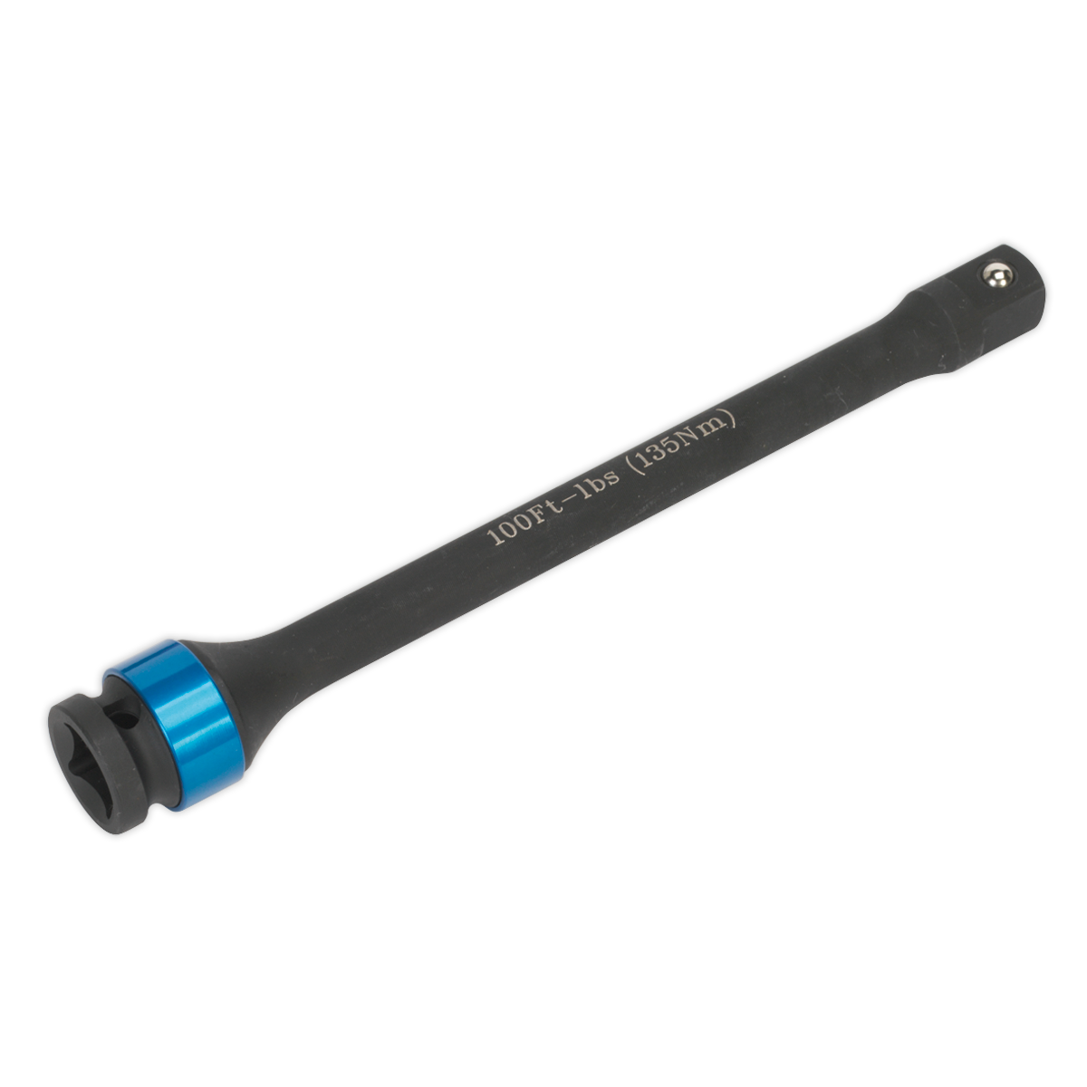 The Torque Stick 1/2" Sq Drive 135Nm - VS2247 from Sealey, in black with a blue band, is labeled "100Ft-Lbs (135Nm)" and is perfect for use with impact wrenches to ensure precise over-torque prevention.